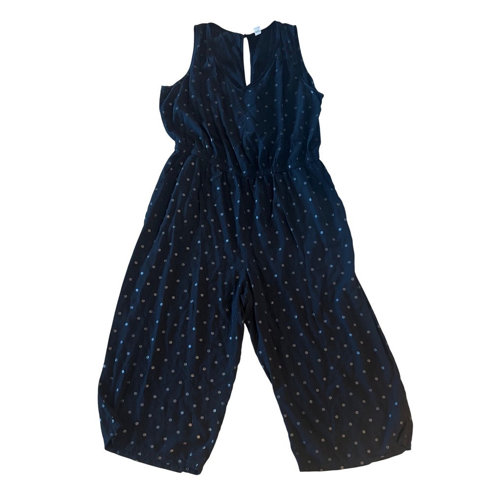 Old Navy womens XL Black Polka Dot Sleeveless Wide Leg Cropped Jumpsuit Pockets